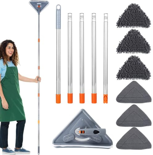 200CM Wall Cleaning Mop with Long Handle, 360 ° Rotating Dry and Wet Triangle Ceiling Cleaner Tool Duster with 3 Replacement Microfiber Pads and 3 Chenille Pads for Floor Ceiling Window Wall