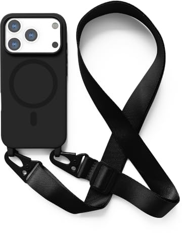 Leather Armor Handykette Hülle für iPhone 17 Pro mit Band Halsband Lanyard (abnehmbar) Handyhülle, Verstellbarer Lanyard.Magnetisch Stoßfest Silikonhülle Wireless Charging kompatibel .-Schwarz