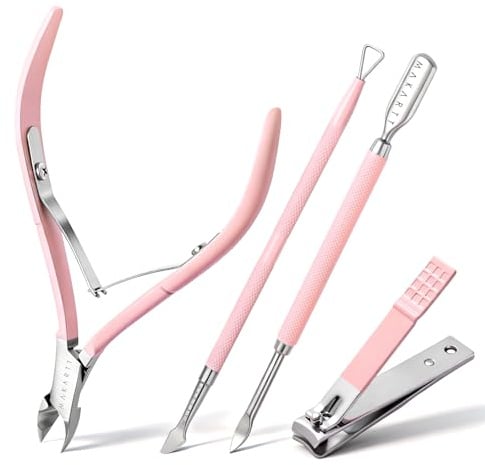 Makartt 4-Piece Cuticle Nippers Set Pink with Scraper Pushers & Clipper | 4 Pcs Manicure Set, Precision Jaw, Double Spring Design, Easy to Clean, Ideal for Salon & Home Manicure, Great for Beginners