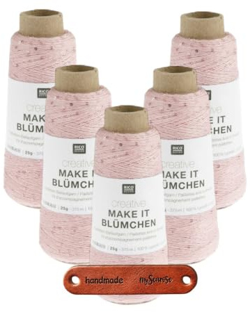 Rico Design CREATIVE MAKE IT BLÜMCHEN ROSA Premium Wolle 5 x 25g zartes Beilaufgarn mit Blümchenpailletten für edle Effekte in Strick und Häkelprojekten mit mySearose Label