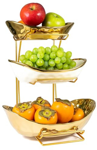 SUNNYNEST 3 Tier Large Fruit Bowl Gold with Metal Stand for Home Kitchen Fruit Basket for Snacks Candy Bread Storage Food Serving Tray