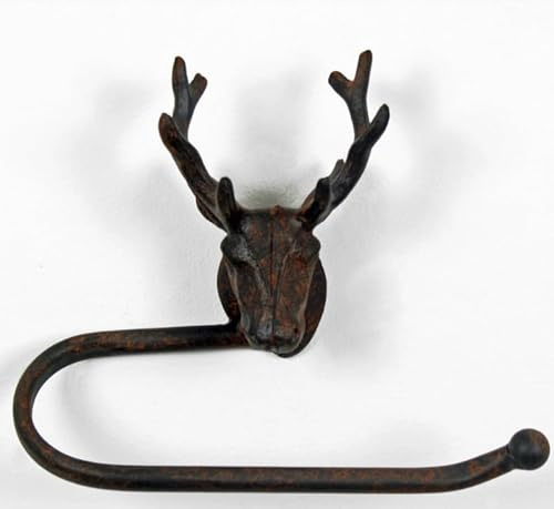 Rustic Metal Stag Head Toilet Roll Holder, Industrial Style Wall Mount, Brown Finish, 19.5 x 8.5 x 16.5 cm