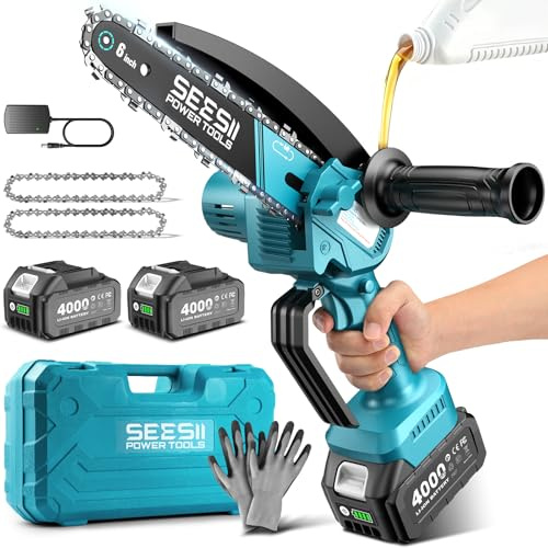 SEESII 6 Zoll Mini Akku Kettensäge mit 4000 mAh Akku, Kettensäge mit automatischem Öler und handhaben, leichte säge geeignet für Baumbeschneidung, Holzschneiden und Gartenarbeit