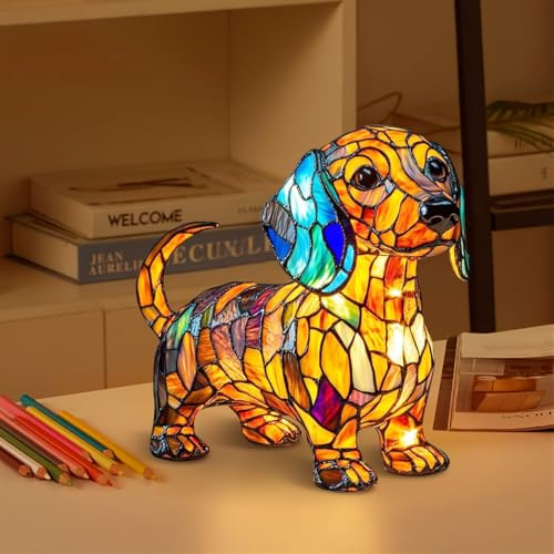 LOMUG Dachshund Deko Nachtlicht, Leuchthund Lampe aus Harz, Lampe Hund LED Night Light Energieklasse A, Haustier Dekolampe Nachtlampe für Hundefans Wohndeko Kinderzimmer