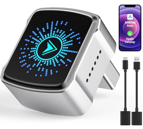 Bemkia Wireless CarPlay Adapter UK for iPhone iOS & Android Auto | Compatible with Wired CarPlay Cars (2016+) | Plug & Play | USB-A & USB-C Included (Silver)