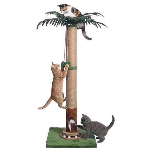 Fantasreen Tiragraffi per gatti da 88 cm con giocattoli, verde | Adatto a gattini e gatti adulti. Base stabile in sisal. Pista in legno con pallina. Topo giocattolo incluso.