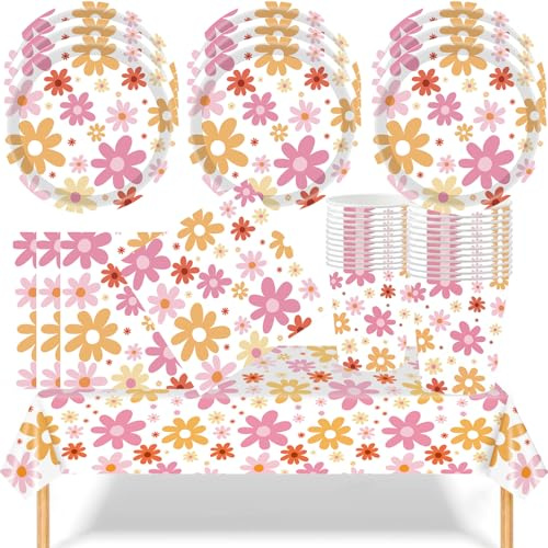YESAH 53P Pink Daisy Tableware Set,Paper Dinnerware Pack for Birthday | Includes Plates,Cups,Napkins and Reusable Tablecloth for 16 Guests,Birthday,Garden Party and Celebration Decor