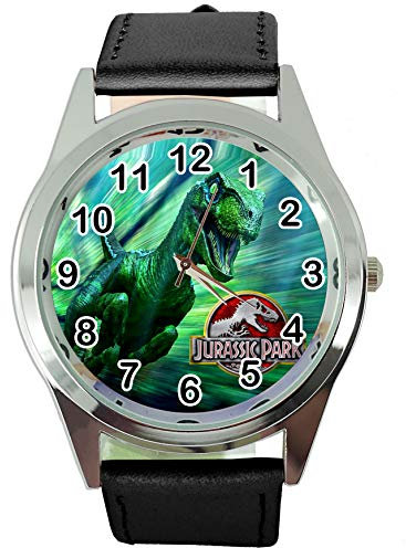 Runde Quarzuhr aus schwarzem Leder für Jurrasic Park Fans