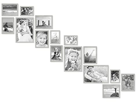 PHOTOLINI silberne Bilderrahmen Set verschiedene Größen, 15 Bilderrahmen Treppenaufgang Holz MDF, Bilder Rahmen mit Acrylglas, Bilderrahmenset zum Aufhängen, Fotorahmen Set silber für Fotos & Poster