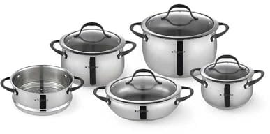 Tognana Emozione Gourmet, Batteria di pentole e padelle, Set con 4 coperchi, 3 casseruole, 1 tegame, 1 castello vapore, 9 Pezzi, Acciaio Inox