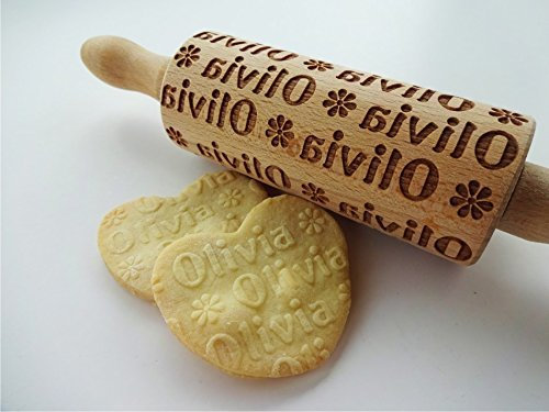 Personalisierte Kinder Nudelholz. Teigroller mit Namen für Gebäck und Keramik. Gravierte Nudelholz mit Muster von Algis Crafts
