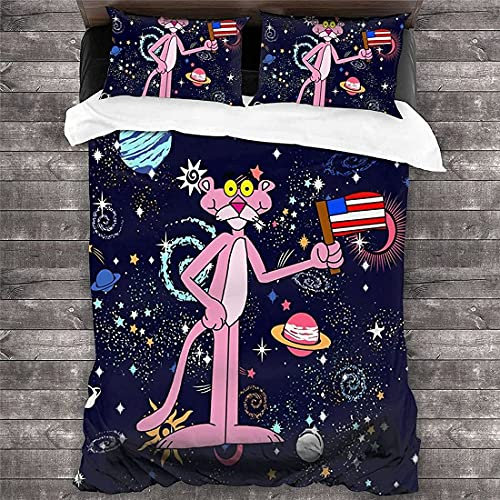 NICHIYOBI The pink Panther Bettbezug Bettwäsche Set - Bettbezug und Kissenbezug,Mikrofaser,3D Digital Print dreiteiliger Bettwäsche (1,Single 135x200cm+80 * 80cm)
