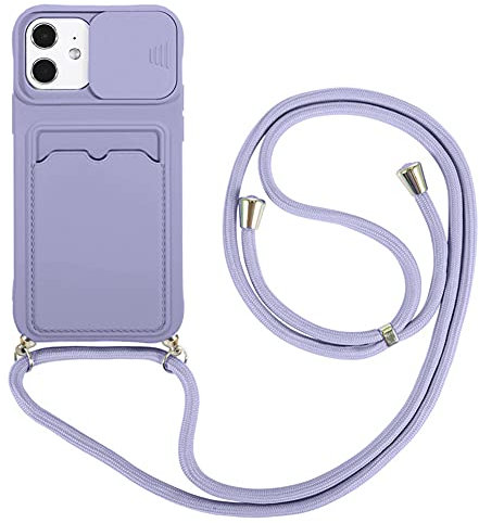 Crossbody Necklace Phone Cases Compatible with Apple iPhone 12 Mini Case Slide Camera Lens Protector Cover with Card Slort and Lanyard Cord Strap Soft Flexible TPU Bumper Shockproof Shell(Purple)