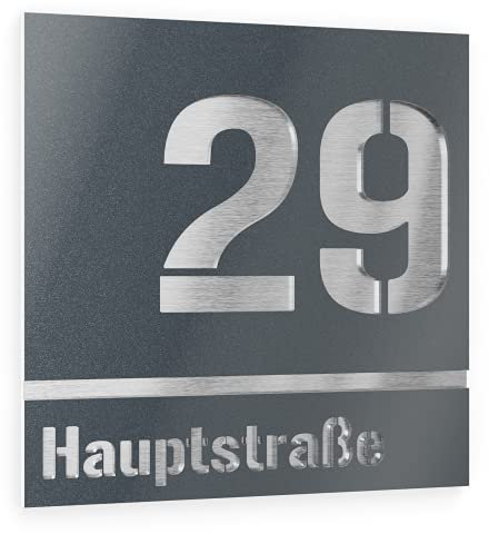 Graviers Design Numero civico personalizzabile in vetro acrilico + acciaio inox V2A 380 x 380 mm metallizzato, Resistente alle intemperie, Antiruggine, Targa per porta d’ingresso, Made in Germany