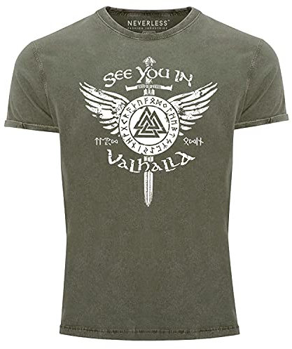 Neverless® Herren Vintage Shirt See You in Valhalla Schwert Runen Odin Vikings Printshirt T-Shirt Aufdruck Oliv L