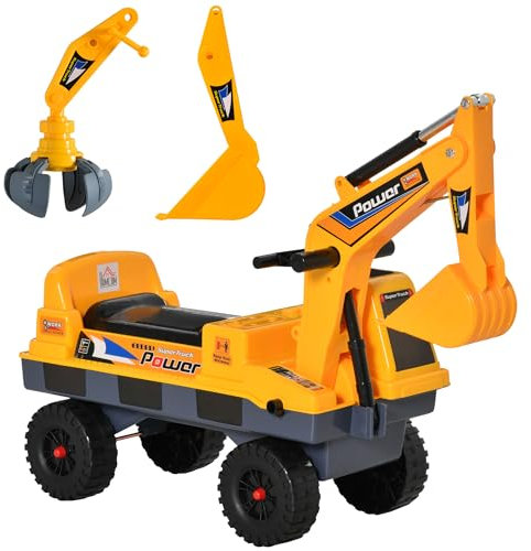 HOMCOM Tractor sin Pedales para Niños de 2-3 Años Excavadora Correpasillos con Pala Delantera Luces Música y Espacio de Alamcenaje Oculto 90x28x58 cm Amarillo