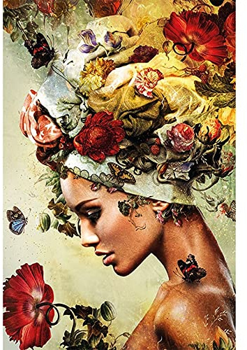 Peinture par Numéro Adulte Profil de visage de belle femme avec fleur Peinture Kit pour Adultes et Débutant DIY Peindre par Nombre Peinture à l'huile de Bricolage 30x45cm Sans cadre