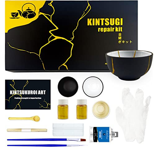 Kintsugi Repair Kit Gold, Repair Your Cherish Ceramics with Gold Powder Glue, Starter Ceramic Kintsugi Kit Perfect for Beginners, with Two Practice Cups, Easy Craft