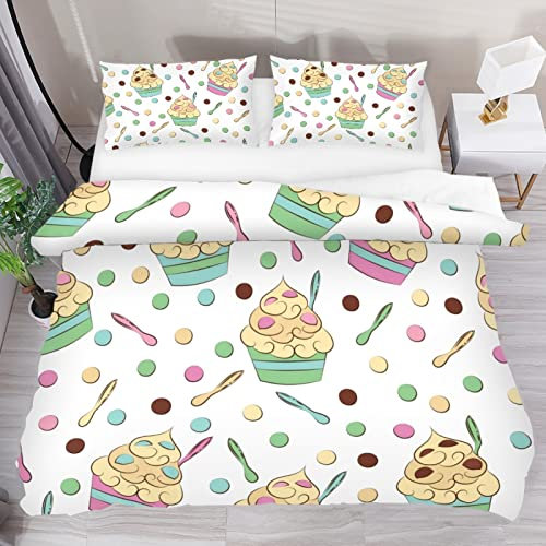 3-teiliges Bettwäsche-Set mit niedlichem Frozen Joghurt cremefarbenem Muster, weiches Tencel-Bettwäsche-Set für Kinder, Jungen, Mädchen, Bettbezug mit 2 Kissenbezügen, Reißverschluss, keine Bettdecke