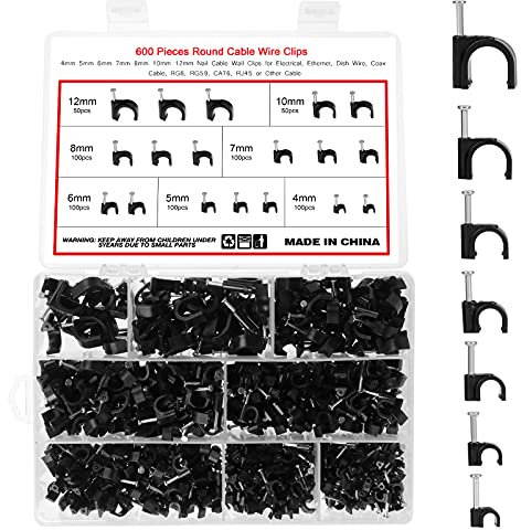 OCR Kabelclips mit Stahlnagel in Schwarz, 600 Stück, 4 mm, 5 mm, 6 mm, 7 mm, 8 mm, 10 mm, 12 mm, Kabelmanagement für RG6, RG59, CAT6, Koaxialkabel, Ethernet, TV, Telefon, Druckerkabel