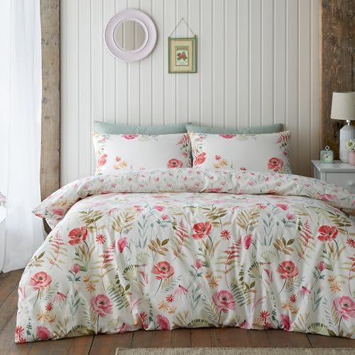 Catherine Lansfield Ella Poppy Reversible Double Duvet Cover Set with Pillowcases Cream