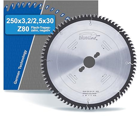 blueline by AKE Kreissägeblatt | 250x30 Z80 Flach-Trapezzahn negativ, Hartmetall | sehr fein | für Holzwerkstoff, Kunststoff, Laminat, Aluminium | auf Handkreissäge, Kappsäge, Format-/Tischsäge
