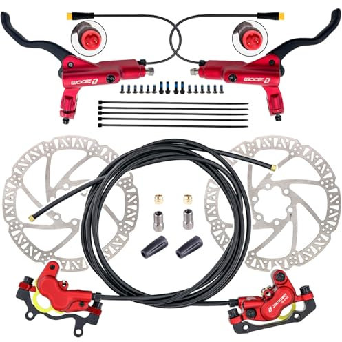 CooMeng Zoom H876E 2-PIN 4-Pistons E-Bike Electric Power-Off Hydraulic Brake Set with 180mm Rotors, Pre-Bled Hydraulic Disc Brake Caliper Lever for eBike (Included Mounting Adapter) - Red