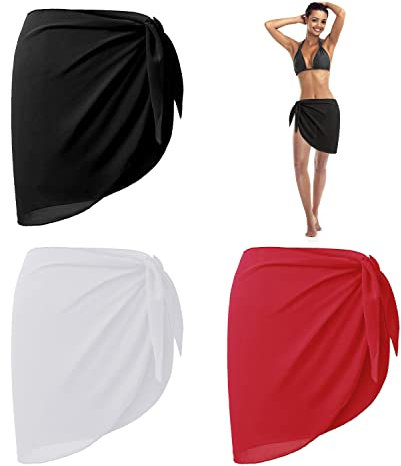 BEIIEB 3 Strand Wickelschürzen, Sonnenschal Chiffon Wickelkleid 140 x 50 cm Chiffon Badeanzug Damen Mädchen (Schwarz Weiß Rot)