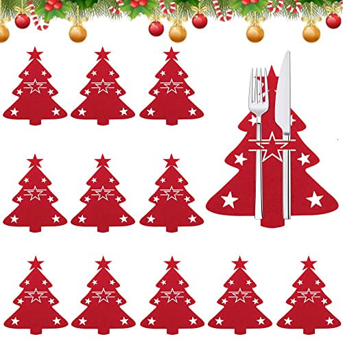 REFORUNG 12 PCS Porta Cubiertos Navideños Bolsas para Cubiertos de Navidad en Forma de árbol de Navidad Porta Cucharas Navideños de Tela No Tejida Bolsita para Cubiertos de Navidad para Decorar Mesa