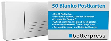 Betterpress 50 Stück DIN A6 Blanko Postkarten zum Selbstgestalten, Postkarte aus weißem Karton, Postkarten zum Bedrucken Bemalen, Basteln, Zeichnen, selber drucken