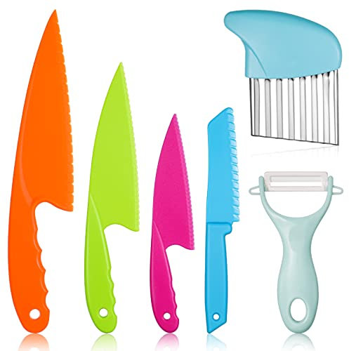 FRIUSATE 6PCS Knife for Kids,Kids Knife for Chopping,Kitchen Knives Child Safety Knife in 4 Sizes and Plastic Cutting Board/Paring Knife for Vegetables Fruits Salad