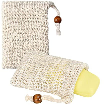 2 Stück Seifensäckchen Sisal Peeling Seifenbeutel Natürlich Sisal Seifentasche Klein Seifennetz mit Kordelzug zum Schäumen Trocknen Seife Bad Massage, 9 x 14 cm