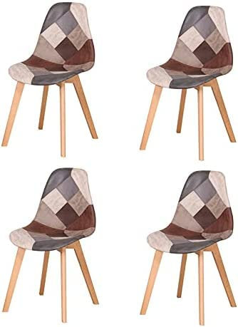 HJhomeheart Set mit 4 Esszimmerstühlen, Mehrfarbiger Patchwork-Esszimmerstuhl, Stoffstuhl mit Massivholzbeinen für Esszimmer, Wohnzimmer (Braun)