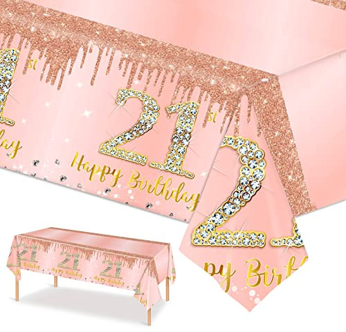 POPOYU 137 * 274cm Large 21st Rose Gold Table Cloth,21st Birthday Decorations for Her,Rose Gold 21st Birthday Party Plastic Table Cloth Tablecover for Her Birthday Gifts,21st Birthday Party Supplies