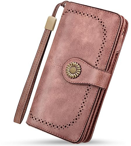 TEUEN Geldbörse für Damen, großes Fassungsvermögen, RFID-Blockierung mit Checkier, Ausweis, Kartenfächer, Organizer mit Reißverschluss für Münzen, Geschenk für Damen, Vintage Rosa, 19.5 * 11 * 4.5cm,