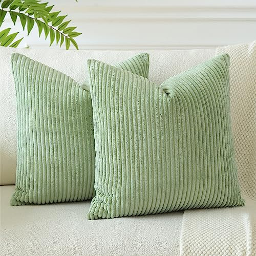 JOTOM 2er Set Cord Kissenbezüge Kissenhülle Dekorative Zierkissen Sofakissen Couchkissen Dekokissen Kissenbezug Deko Kissenhülle für Sofa Wohnzimmer 60x60cm Bohnengrün