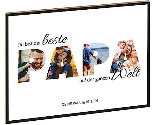 GRAVURZEILE Holzschild mit Foto - Familie Design - Personalisiert mit Namen und eigenen Fotos - Personalisiertes Foto Geschenk zum selbst gestalten für Sie & Ihn - DIN A4 Format - Farbe: Papa
