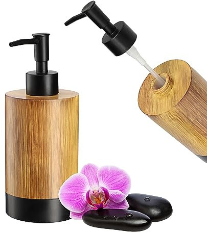 KADAX Seifenspender, 350 ml Handseifenspender in Holzoptik, Seifendosierer aus Kunststoff, Pumpspender für Badezimmer und WC, Flüssigseifenspender (Holz-Schwarz)