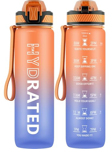 QLUR Trinkflasche, 1L/800ML BPA-Frei Tritan Wasserflasche mit Strohhalm, Trinkflasche Sport Auslaufsicher mit Zeitmarkierung und Bürste, Sportflasche für Fitness, Schule, Yoga, Outdoor(1 Flasche)