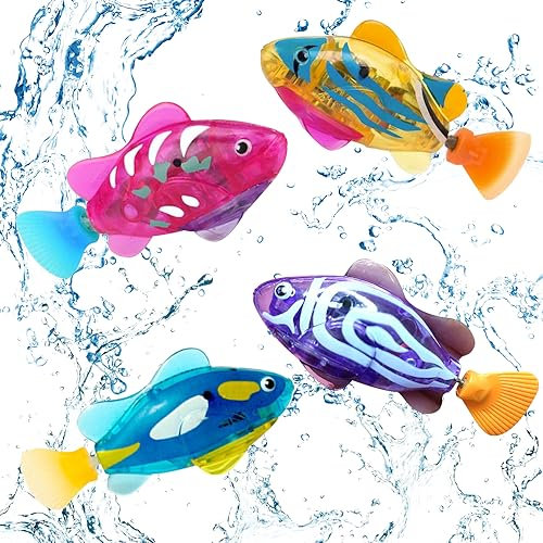 ZOYDP Robo Fish Set 4 Stück, Robo Fische für Kinder, Roboter Fisch Badewanne, Schwimmende Fische, Künstliche Bewegliche Fische,Wiederverwendbare Schwimmende Roboterfische mit 10 Batterien LED-Leuchten