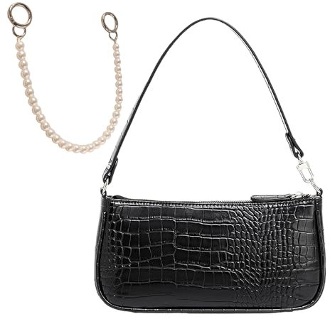 Borsa a Tracolla Nera Con Motivo Coccodrillo E Catena in Argento, Borsa Vintage per Ascelle in Pelle Alla Moda per Ragazze E Donne