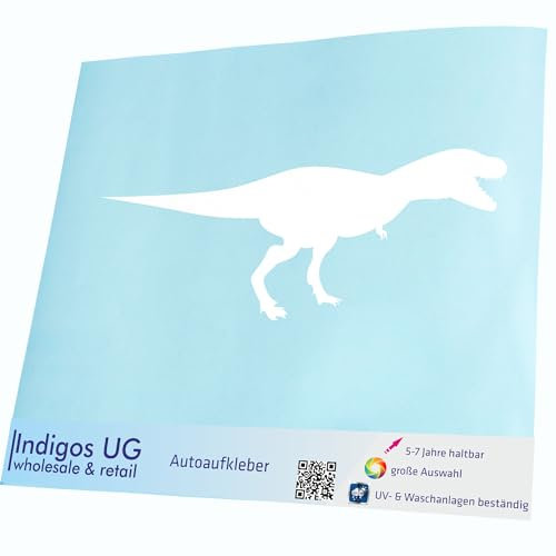 INDIGOS UG Auto Aufkleber T - rex Dinosaurs - weiß - 200x71 - konturgeschnittener Autoaufkleber ohne Hintergrund - Selbstklebender Sticker für Auto, Fenster, Bus oder LKW - UV-beständig & wetterfest
