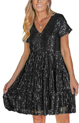 CUPSHE Damen Pailletten Kleid V Ausschnitt Kurzarm Glitzer A Linie Swing Partykleid Rüschen Knielang Festliche Kleider Sequin Dress Schwarz M