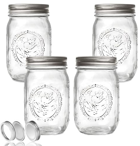 Eastrise Overnight Oats Jar,Glass Regular Mouth Mason Jars with Silver Metal Lids for Sealing,Canning Jars for Food Storage or Pickling Jars(450ML/15.8 OZ/4 Pack)