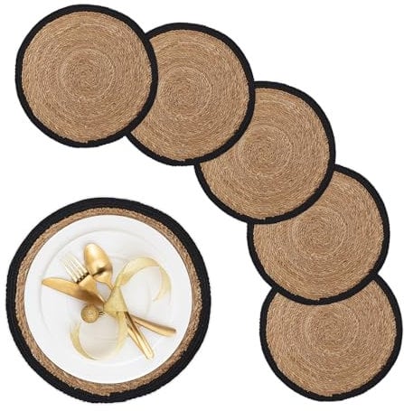 Relaxdays Tischset 6-teilig, für Esstisch, Wasserhyazinthe, Platzdecken, runde Telleruntersetzer, Ø 37 cm, Natur/schwarz