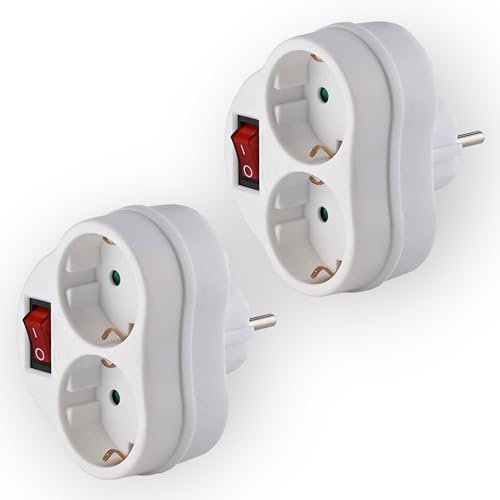 Adattatore a Spina, 230V, 3500W, Doppio con Interruttore, 2 Prese Schuko, Protezione dei Bambini, Doppia Presa Bianca per Presa, Adattatore da Regleta, Adattatore Multipresa, 2 Adattatori di Presa