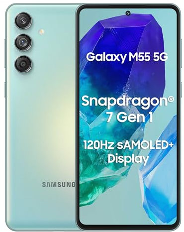 Samsung Galaxy M55 5G (Hellgrün, 8 GB RAM, 128 GB Speicher) | 50 MP Triple Cam | 5000 mAh Akku | Snapdragon 7 Gen 1 | 4 Gen OS Upgrade & 5 Jahre Sicherheitsupdate | Super AMOLED+ Display | ohne
