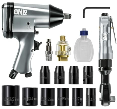 DNA MOTORING 17 Pcs Air Tool Kit 1/2-Inch Pneumatic Air Impact & Ratchet Wrench Kit Torque Wrench for Repairs, w/Case, Sliver/Black, TOOLS-00530