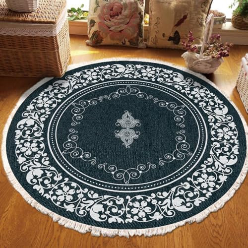 Terafeels Vintage Teppich Wohnzimmer Teppich Antirutschunterlage Waschbar Boho Teppich Runder Teppich mit Quasten für Schlafzimmer,Flur,Wohnzimmer,Couchtisch,Fußmatten 90 × 90cm,5090