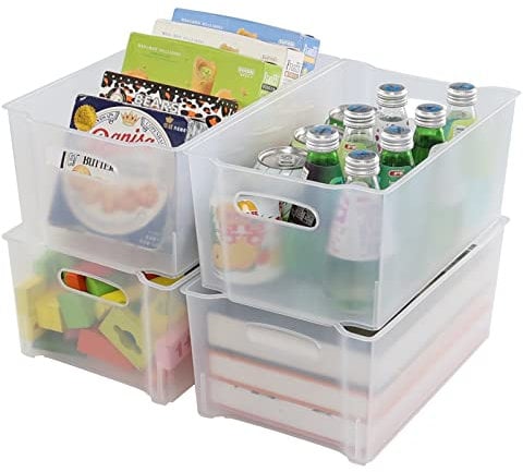 Jekiyo 4 Pack Fridge Satcking Storage Box without Lid, Plastic Freezer Open Storage Bin, Matte Transparent